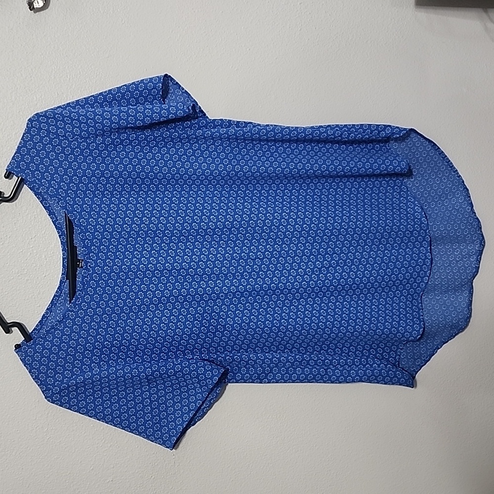 Blue and white short sleeve blouse.